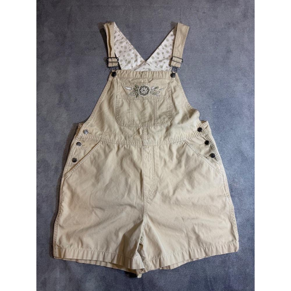 Cherokee Vintage Khaki Tan Floral Embroidered Cotton Overall Shorts Womens M